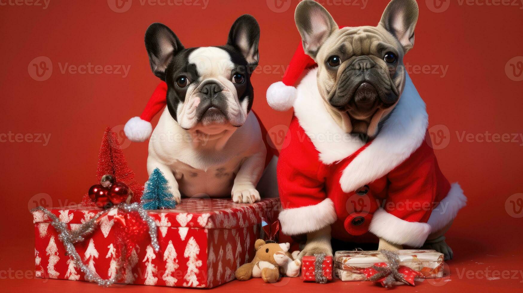 ai gegenereerd schattig hond puppy met Kerstmis geschenk dozen concept foto poster vrolijk Cadeau rood nieuw jaar
