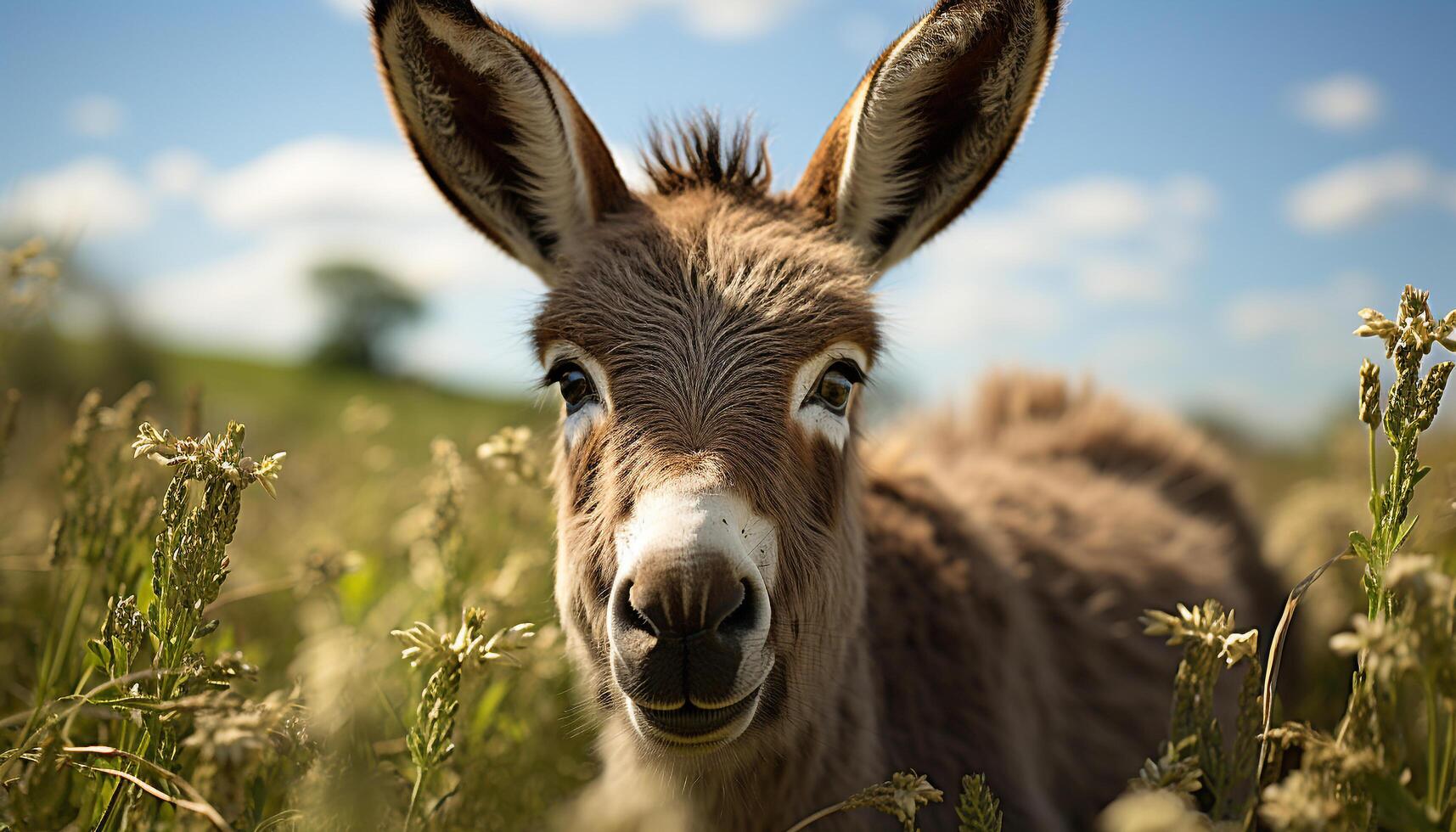 ai gegenereerd schattig katje zittend in gras, staren Bij zonsondergang met nieuwsgierigheid gegenereerd door ai foto