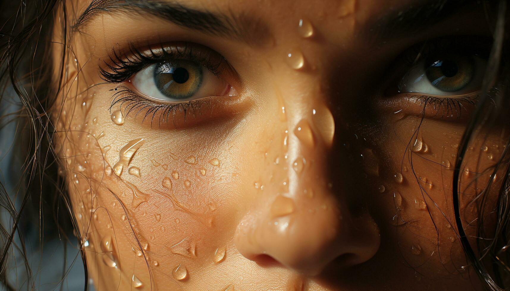 ai gegenereerd mooi vrouw met bruin haar- op zoek Bij camera, droefheid in haar ogen gegenereerd door ai foto