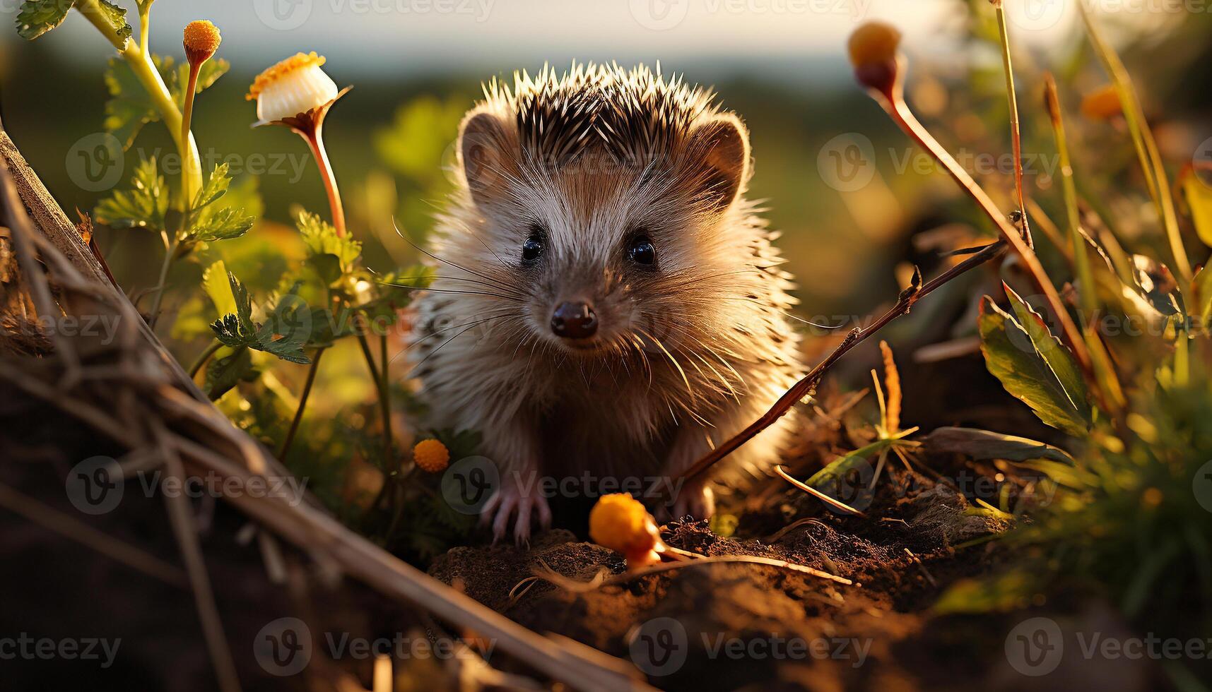 ai gegenereerd schattig egel zittend Aan gras, alarm in herfst Woud gegenereerd door ai foto