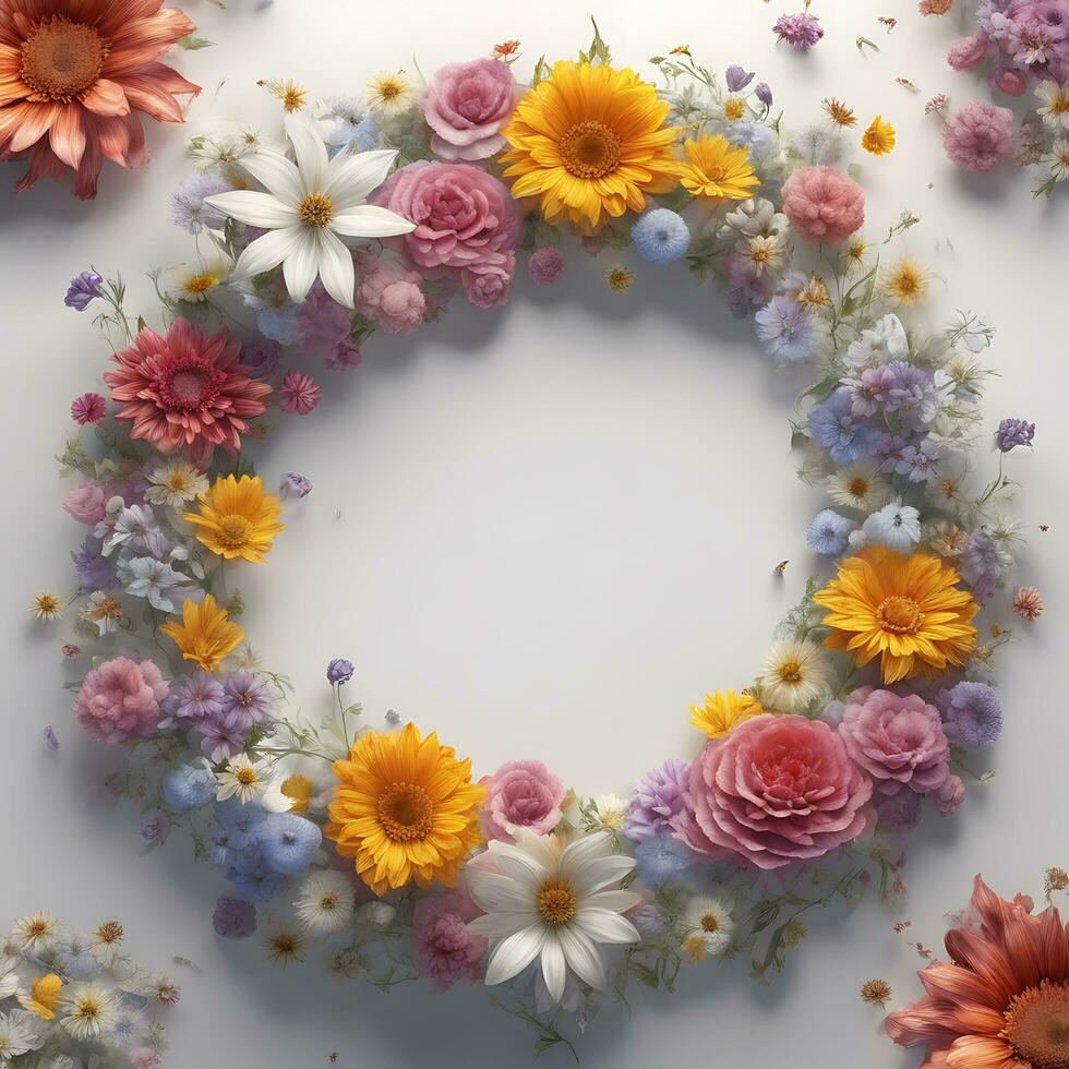 ai gegenereerd ai generatief van bloemen en bladeren cirkel kader met wit achtergrond foto