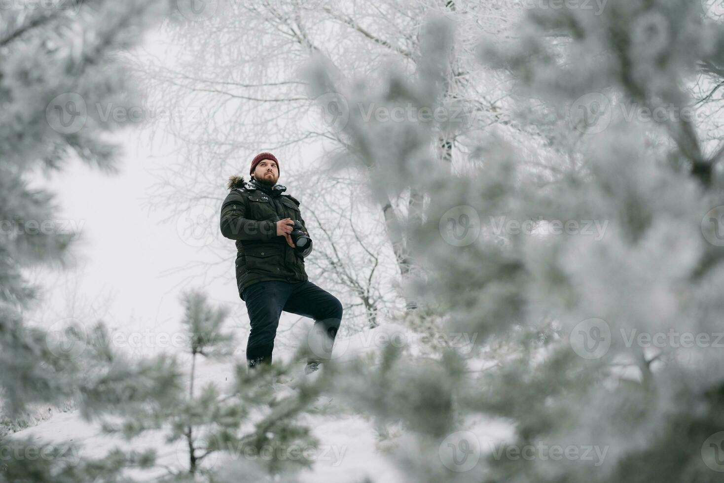 reiziger fotograaf nemen afbeeldingen in de winter Woud foto