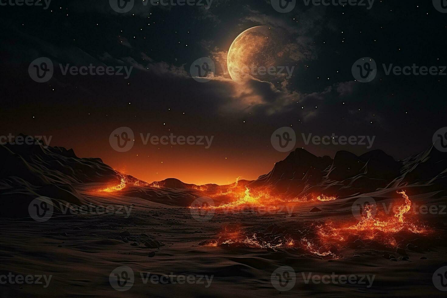 ai gegenereerd nacht woestijn met branden Aan de zand in de licht van een helder maan Aan een bewolkt lucht. gegenereerd door kunstmatig intelligentie- foto
