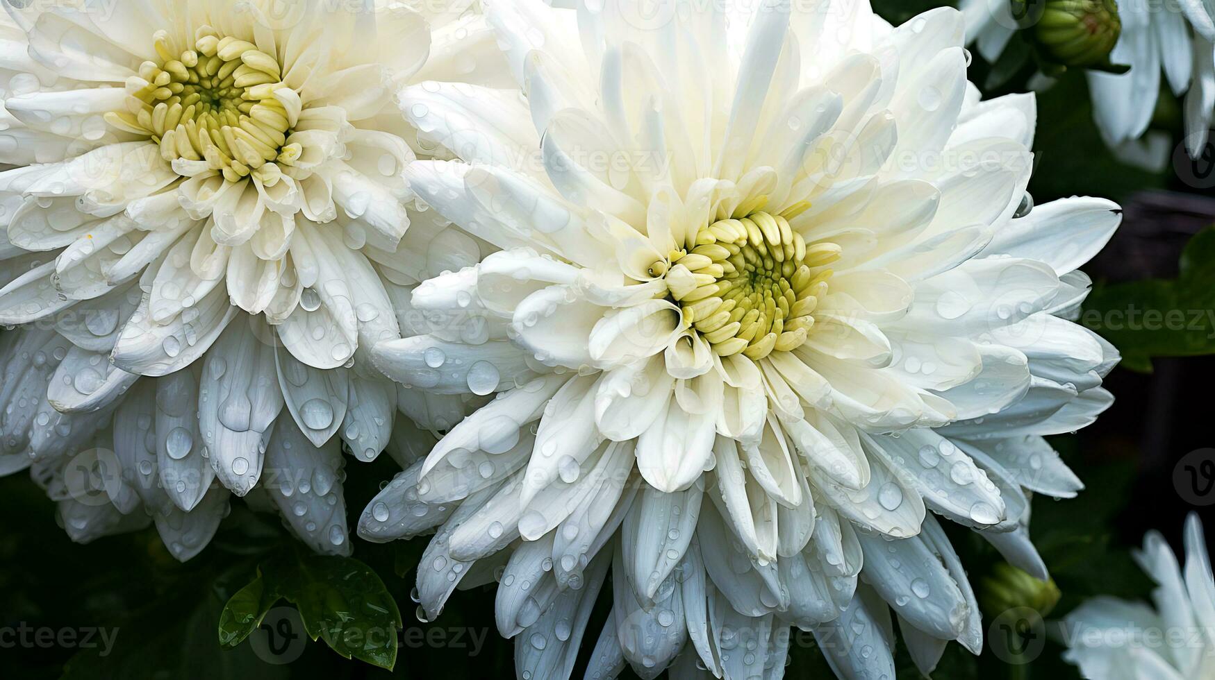 mooi wit chrysanten bloeiend in de tuin gedurende de regen. ai generatief. foto