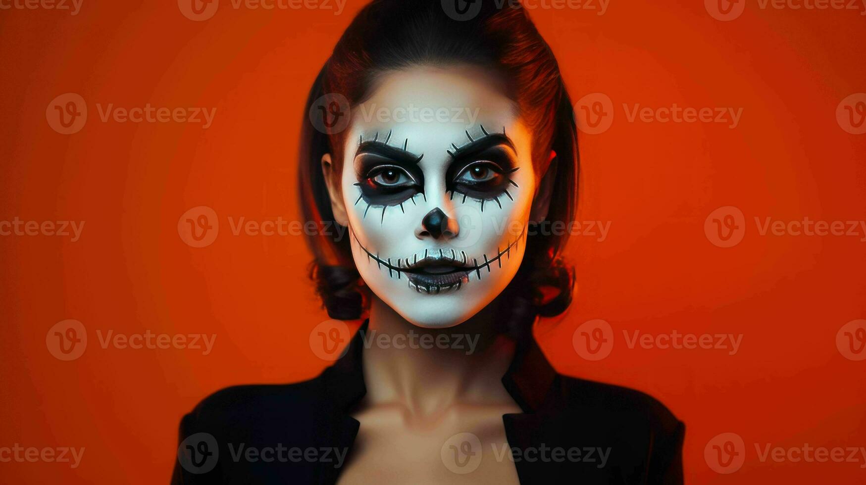 ai gegenereerd vrouw met halloween geïnspireerd eng bedenken en kostuum op zoek Leuk vinden een spookachtig heks foto