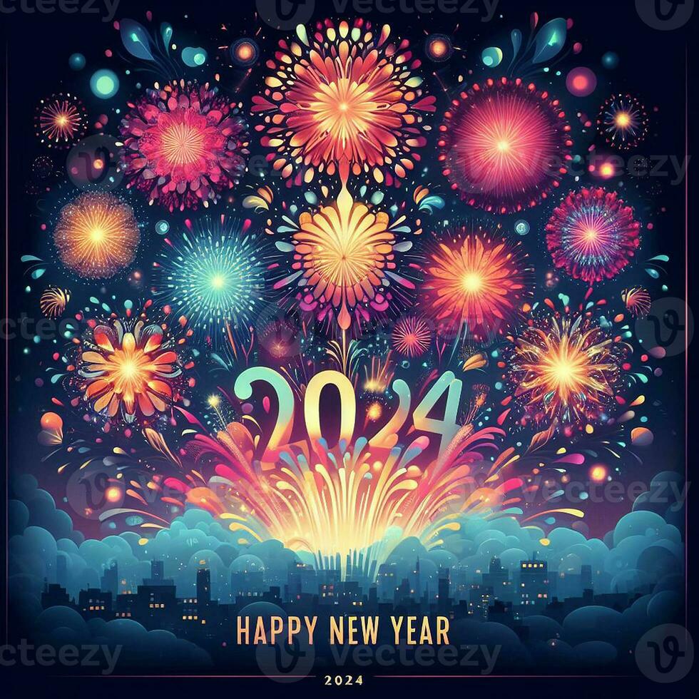 ai gegenereerd een majestueus vuurwerk Scherm verlicht de horizon in een feestelijk Welkom naar gelukkig nieuw jaar 2024 foto
