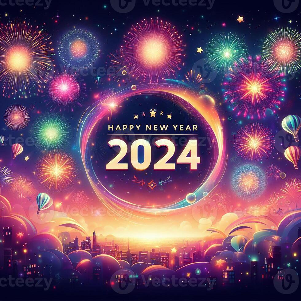 ai gegenereerd een majestueus vuurwerk Scherm verlicht de horizon in een feestelijk Welkom naar gelukkig nieuw jaar 2024 foto