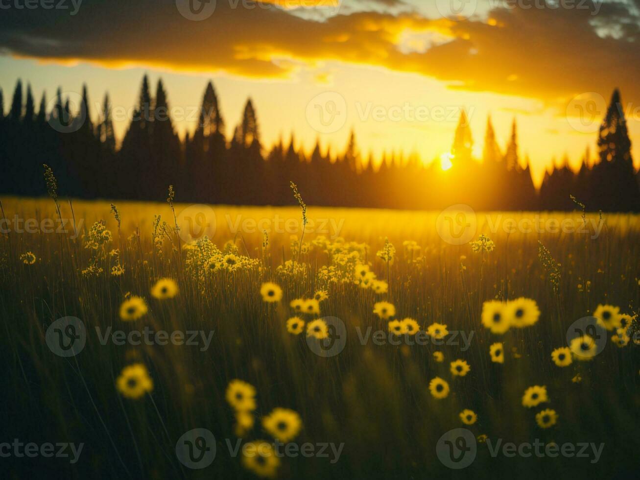 ai gegenereerd abstract zacht focus zonsondergang veld- landschap van geel bloemen en gras weide warm gouden uur zonsondergang zonsopkomst tijd. rustig voorjaar zomer natuur detailopname en wazig Woud achtergrond. foto