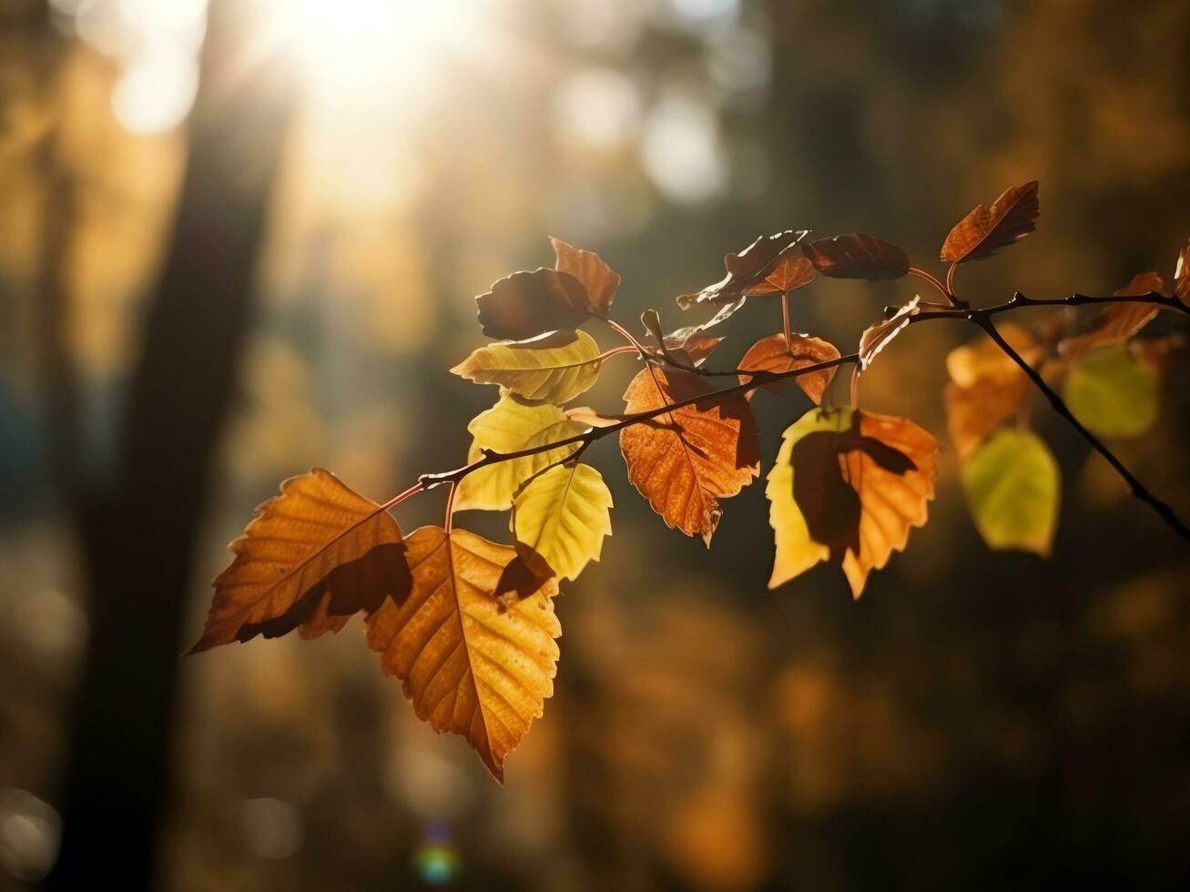 ai gegenereerd abstract leeg houten bureau tafelblad met kopiëren ruimte over- herfst bomen wazig achtergrond, Scherm voor Product montage, generatief ai foto