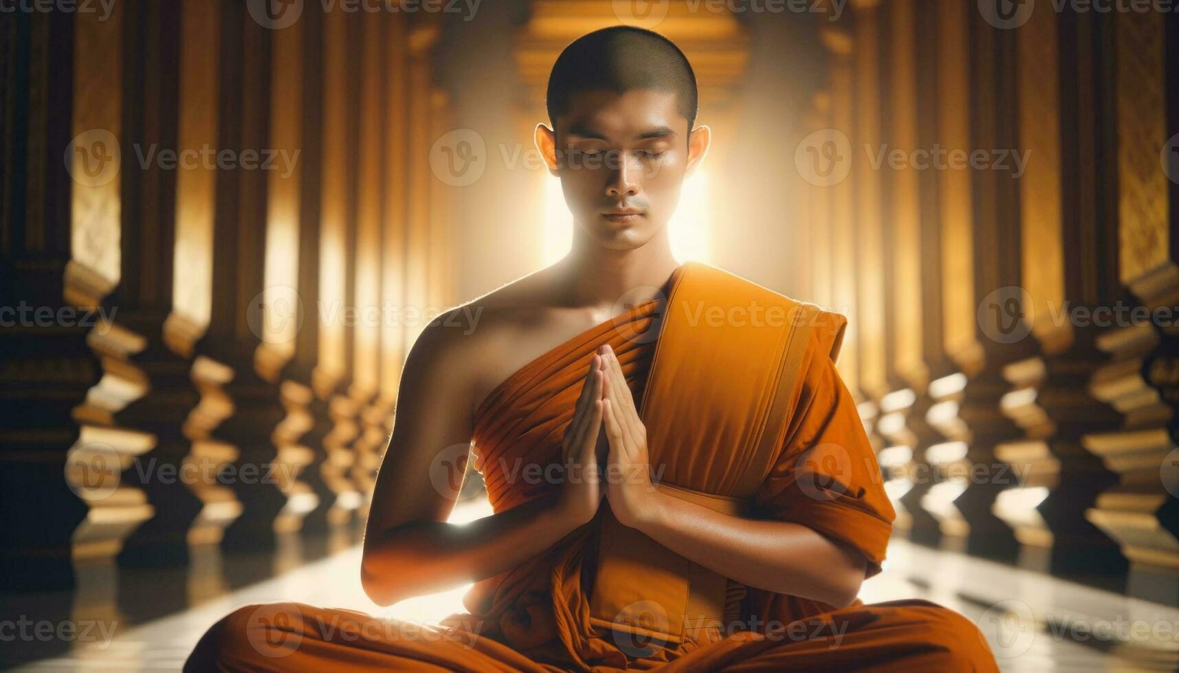 ai gegenereerd monnik mediteert in tempel badend in etherisch gouden licht foto
