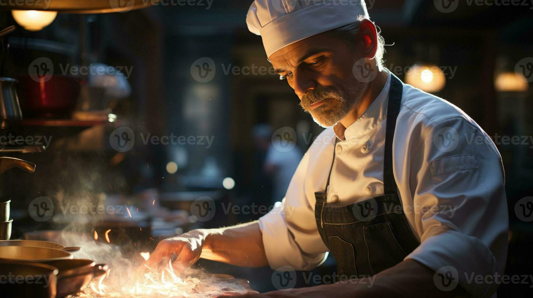 ai gegenereerd toegewijd chef beheersen de vlammen in intens keuken tafereel foto