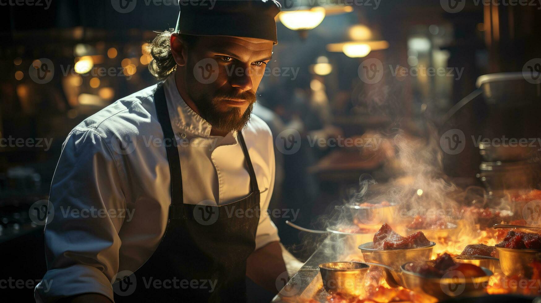 toegewijd chef beheersen de vlammen in intens keuken tafereel foto