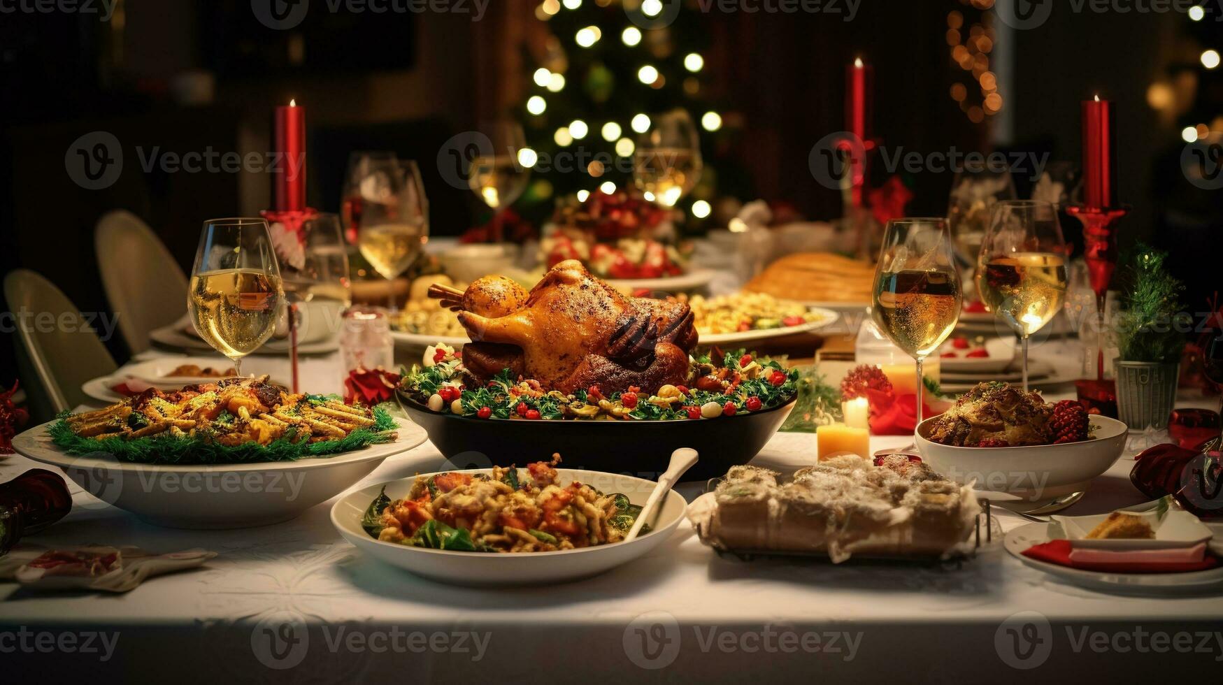 ai gegenereerd Kerstmis avondeten tafel vol van gerechten met voedsel en hapjes, Kerstmis evenement foto