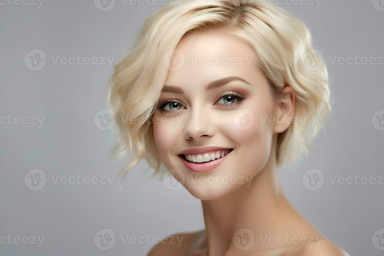 ai gegenereerd jong vrouw met glad huid en mooi kort, blond vloeiende haar. schoonheid en schoonheidsmiddelen reclame concept afbeelding. foto