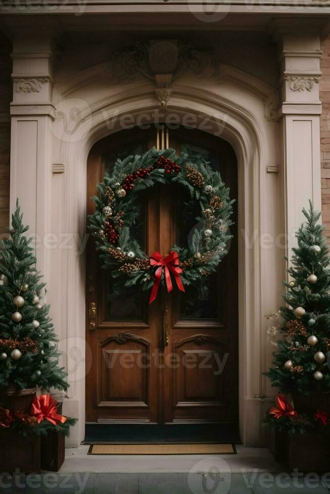 ai gegenereerd een Kerstmis krans Aan een houten bruin voorkant deur. foto