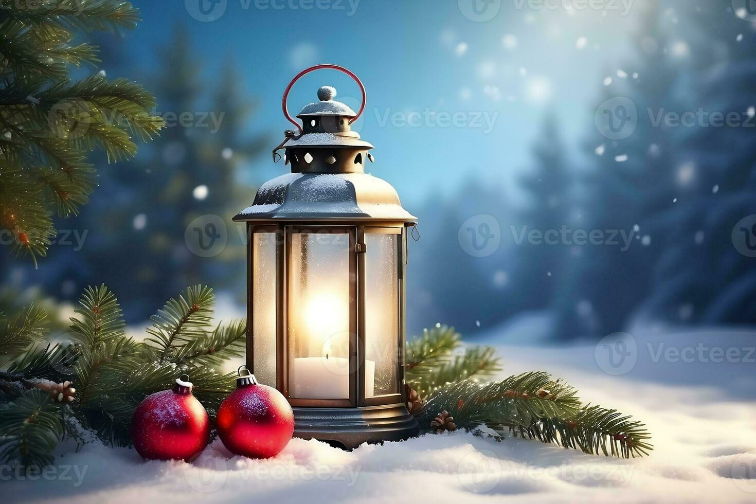 ai gegenereerd een Kerstmis lantaarn, Spar tak, en decoraties in een besneeuwd landschap met bomen in de achtergrond. foto