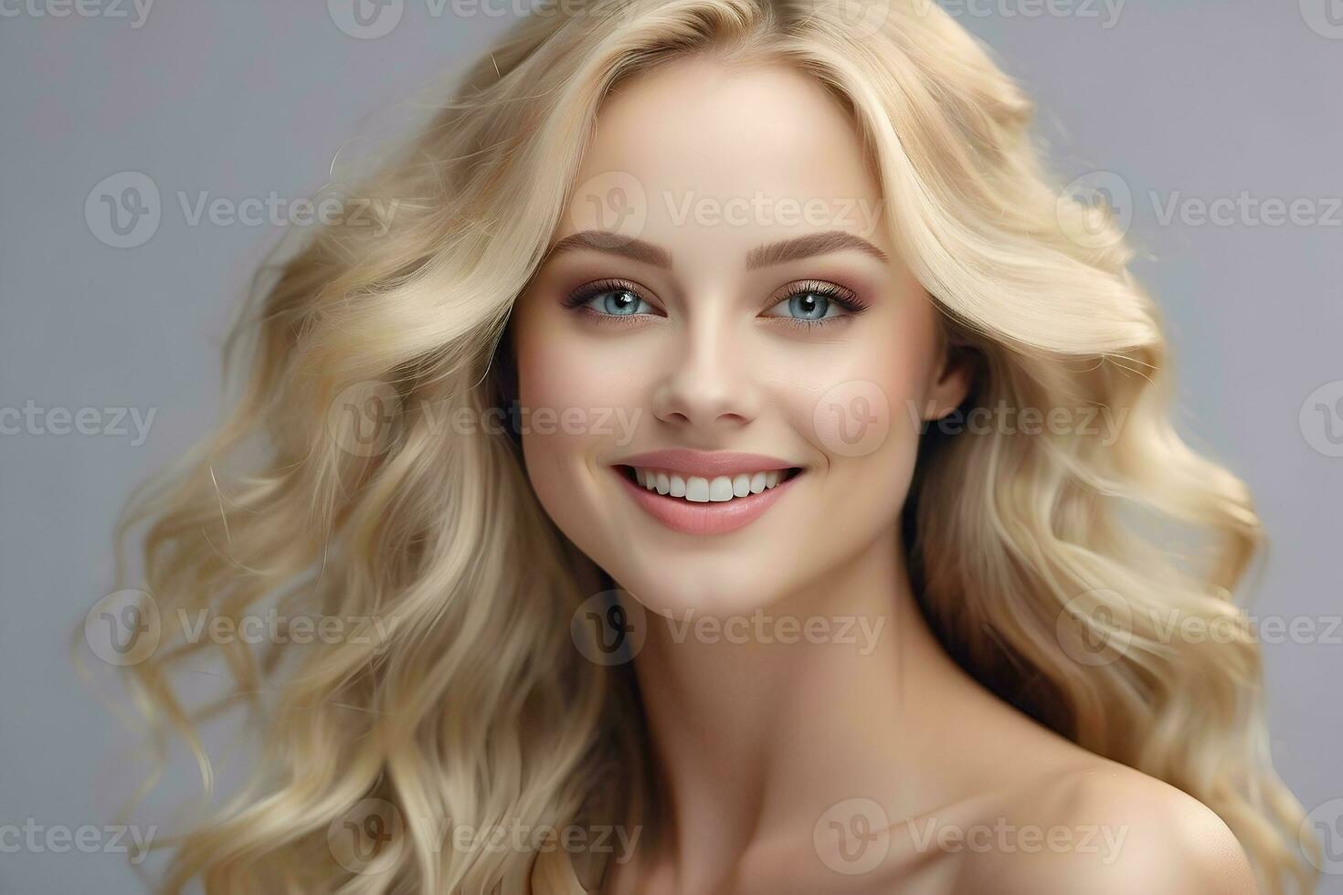 ai gegenereerd mooi jong vrouw met glad huid en mooi lang, blond vloeiende haar. schoonheid en schoonheidsmiddelen reclame concept afbeelding. foto