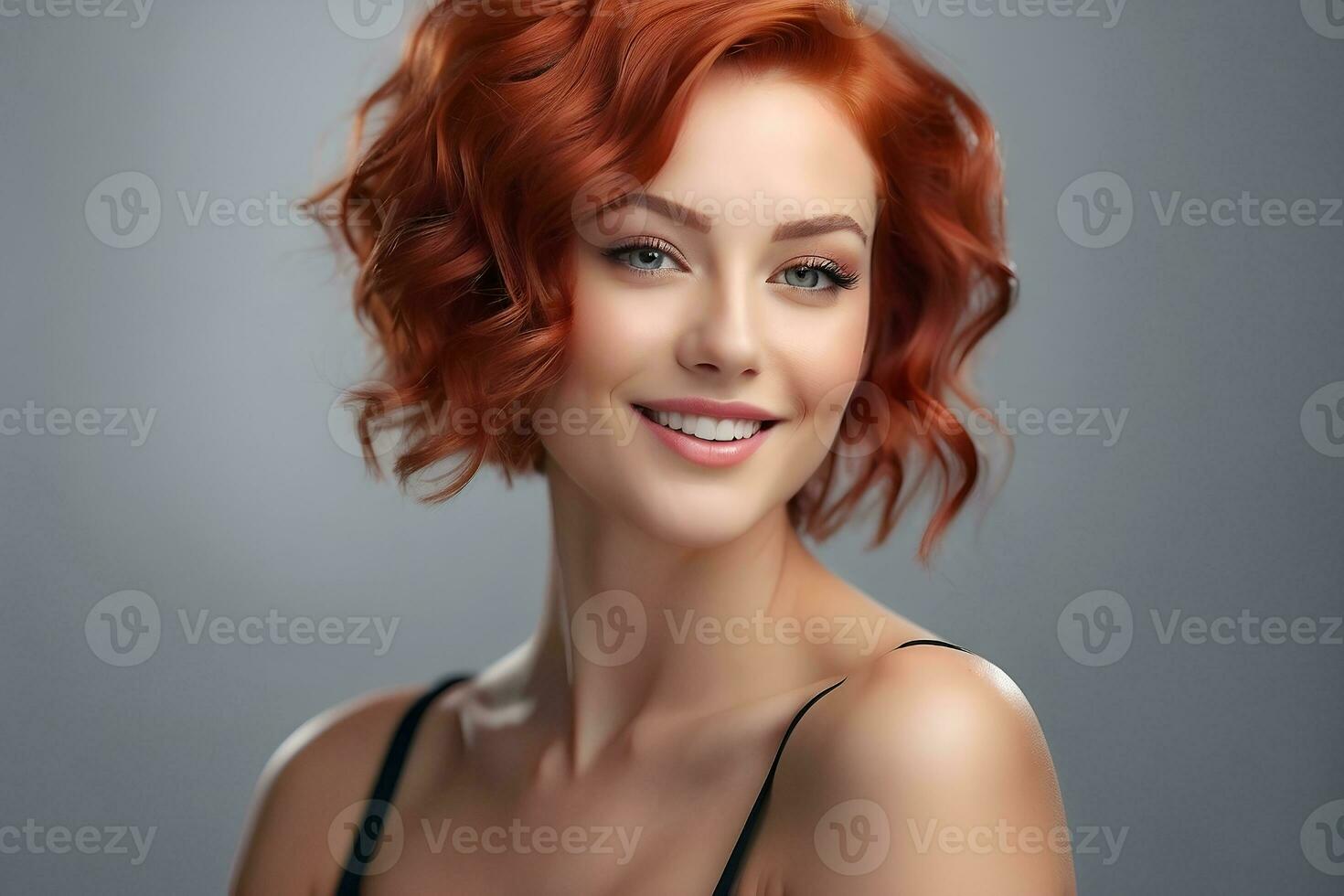 ai gegenereerd mooi jong vrouw met glad huid en mooi kort, rood haar. schoonheid en schoonheidsmiddelen reclame concept afbeelding. foto