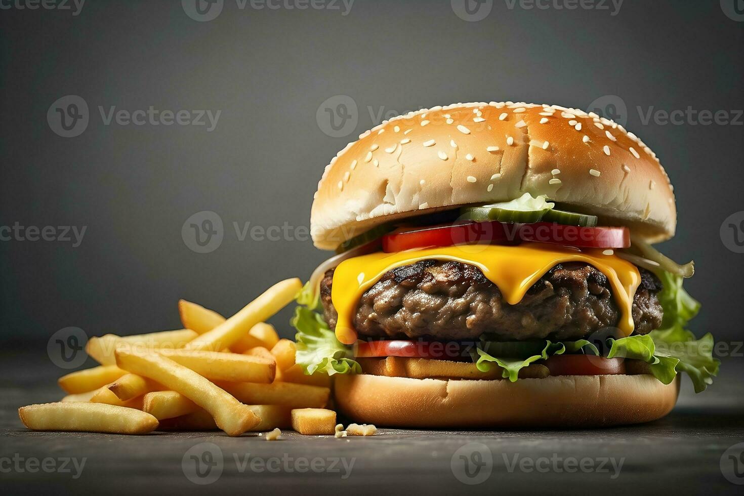 ai gegenereerd heerlijk cheeseburger en Frans Patat tegen een donker minimalistische achtergrond. voedsel fotografie. promotionele fotografie. foto