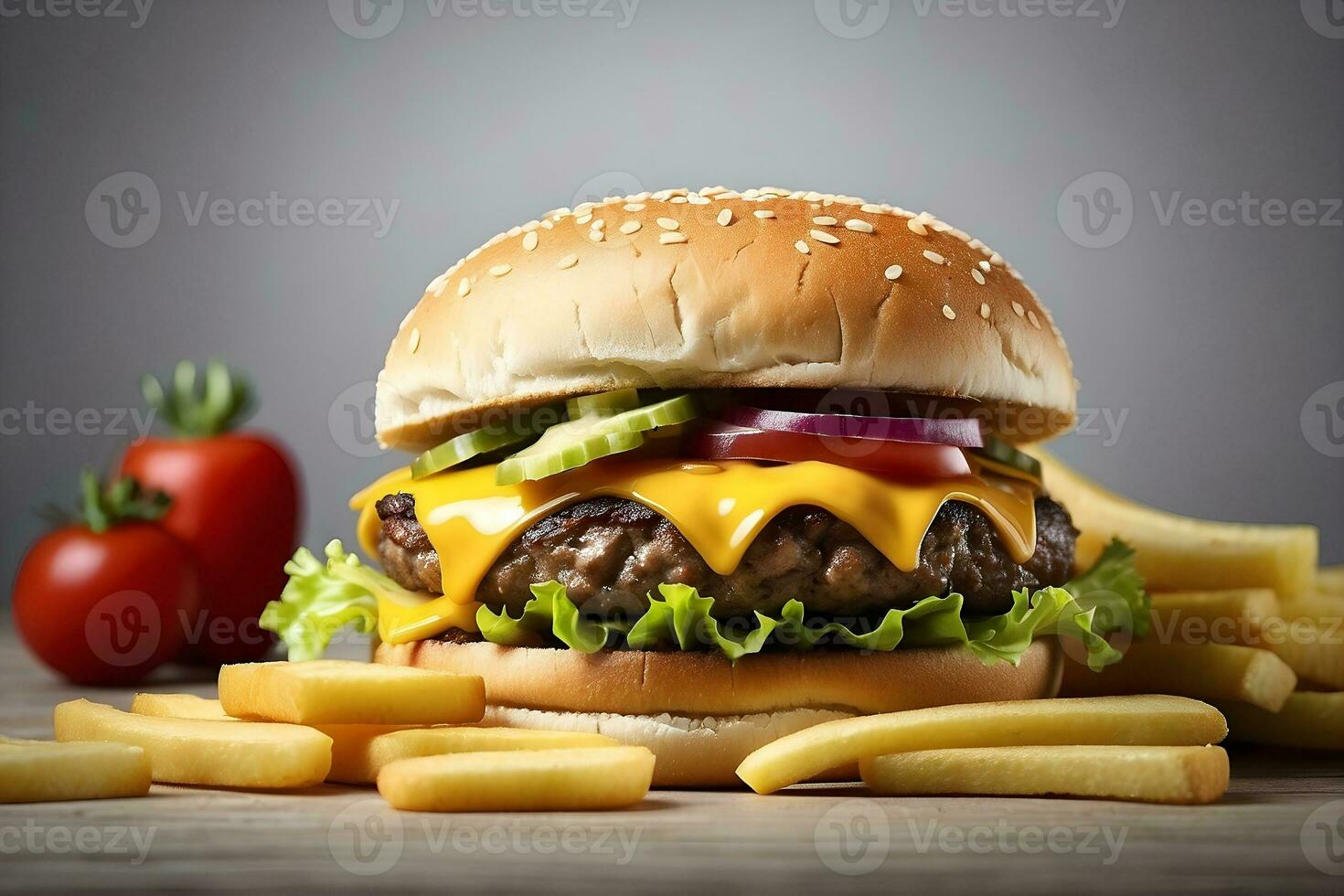 ai gegenereerd sappig cheeseburger met tomaat, sla, augurken, en Frans Patat tegen een minimalistische achtergrond. voedsel fotografie. promotionele fotografie. foto