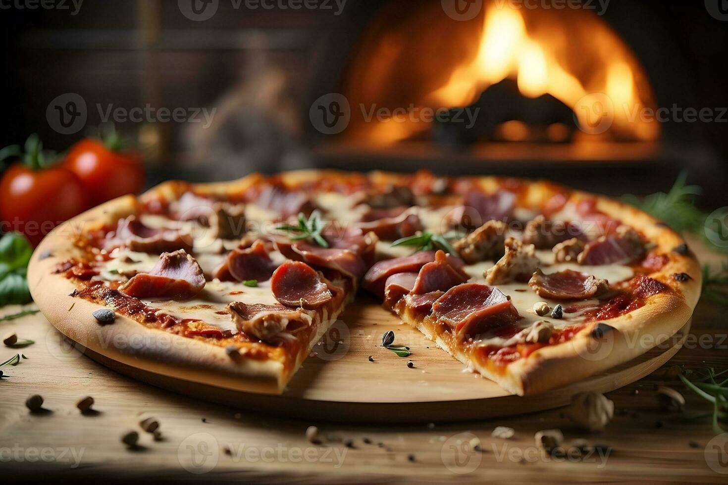 ai gegenereerd vlees minnaar pizza met een missend plak in een knus pizza bakkerij, met de brand van een hout branden pizza oven in de achtergrond. foto