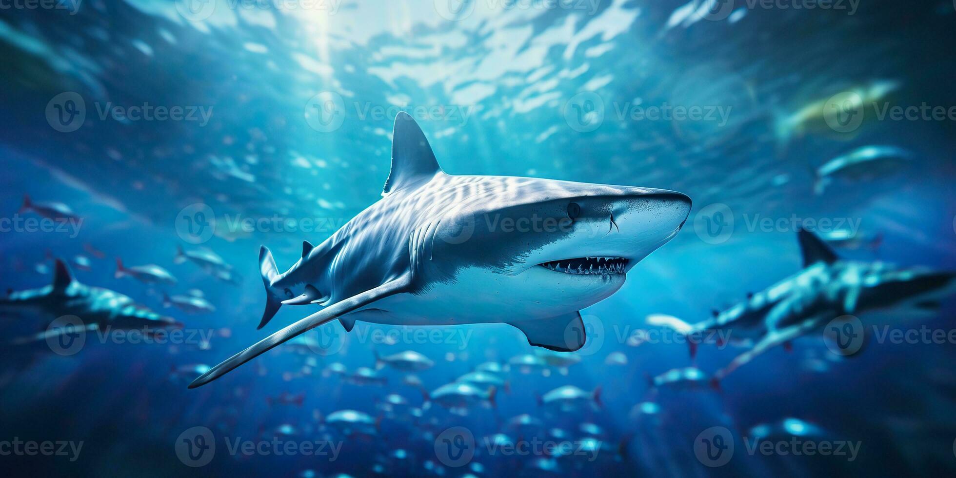 ai gegenereerd wild leven onder water natuur buitenshuis zee oceaan groot vis blauw haai achtergrond. diep duiken scuba duiken jager dier foto
