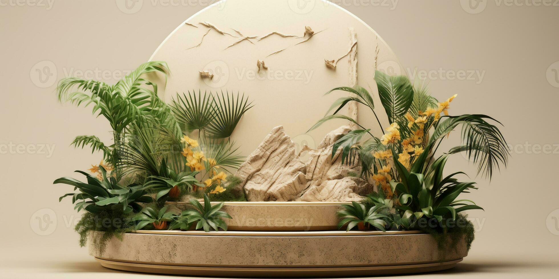 ai gegenereerd beige ronde podium versierd met groen tuin planten, weergeven voor kunstmatig .leeg vitrine voor Product presentatie foto