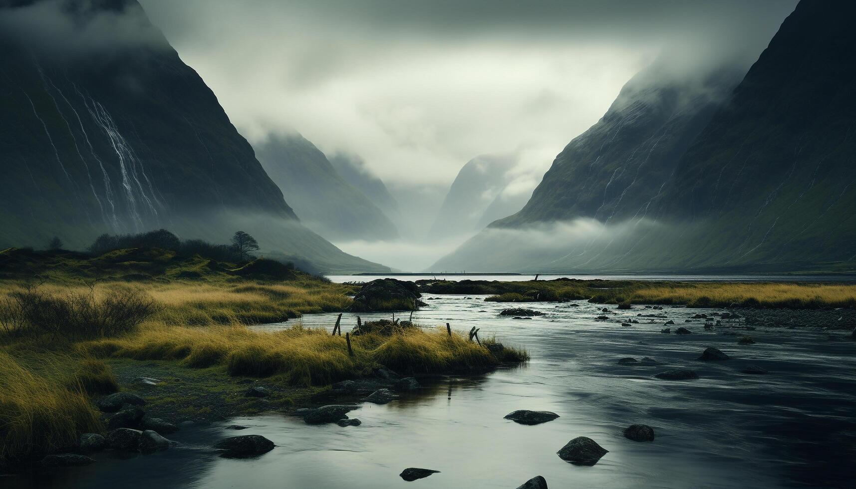 ai gegenereerd majestueus berg reeks weerspiegelt in rustig water, presentatie van natuurlijk schoonheid gegenereerd door ai foto