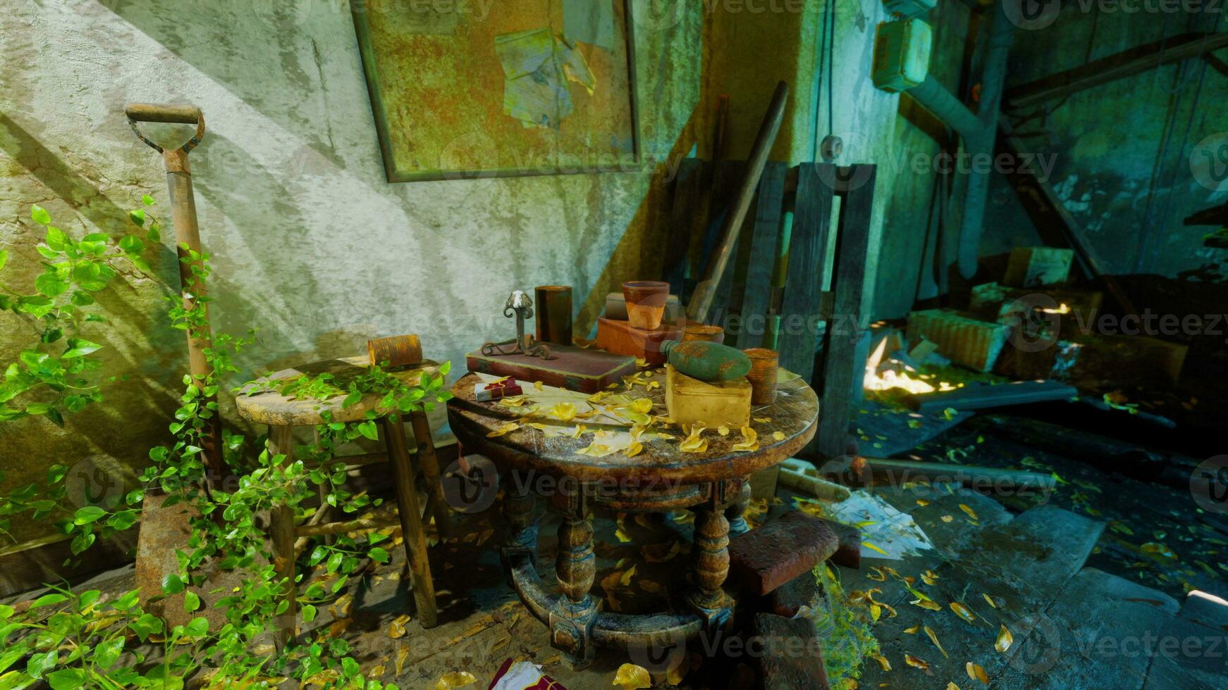 een verlaten kamer met een tafel gevulde met Diversen items foto