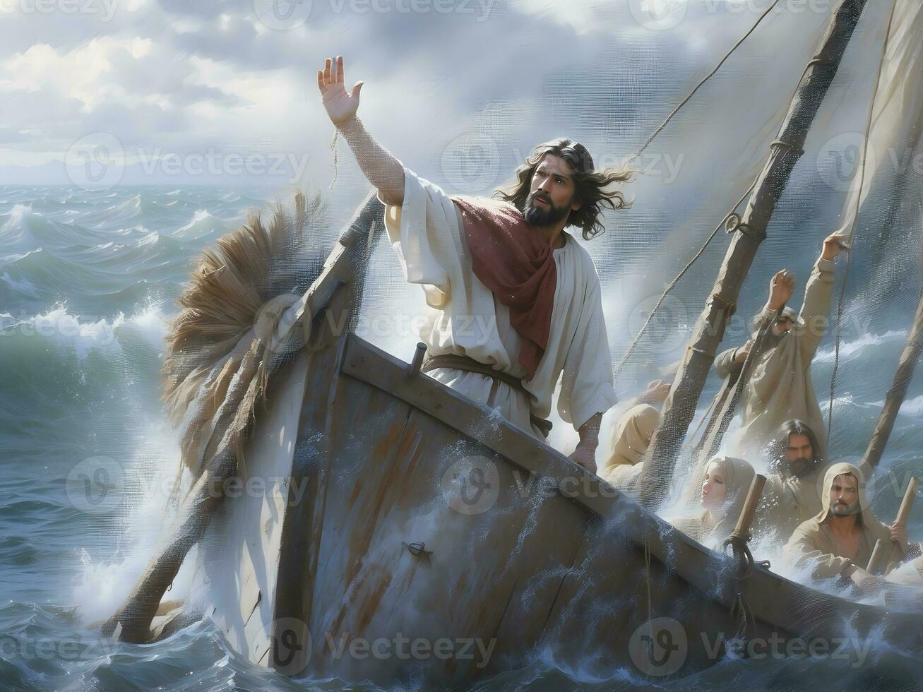 ai gegenereerd Jezus Christus Aan de boot kalmeert de storm Bij zee. worden nog steeds foto