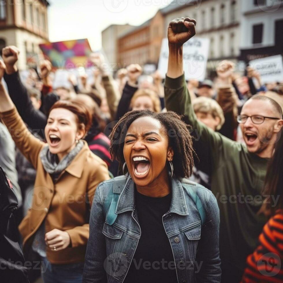 mensen met plakkaten en posters Aan globaal staking. ai gegenereerd foto