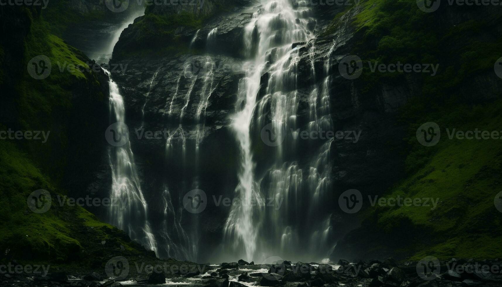 ai gegenereerd majestueus waterval vloeiende door tropisch regenwoud, een adembenemend avontuur gegenereerd door ai foto