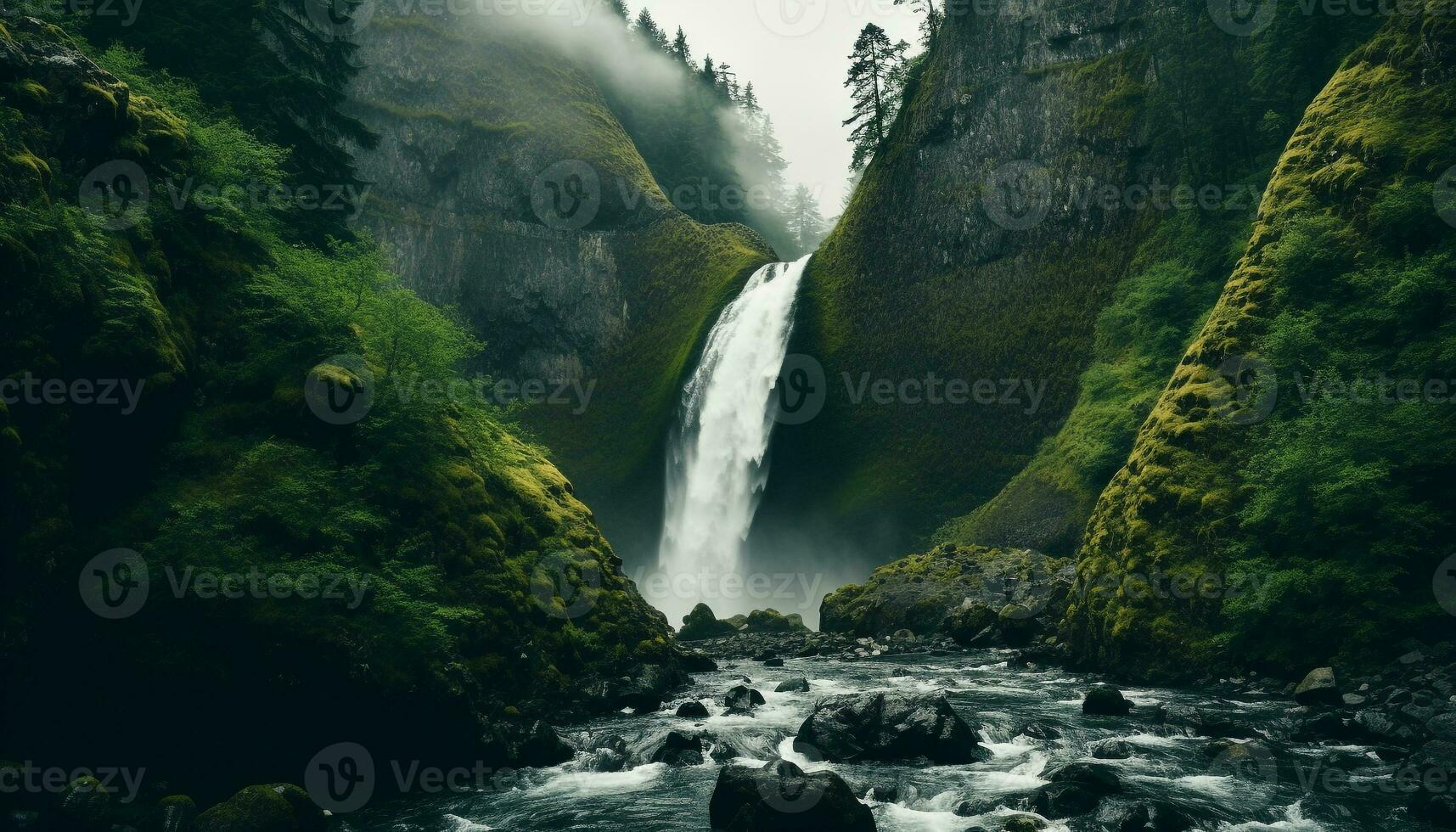 ai gegenereerd majestueus waterval vloeiende door tropisch regenwoud, een adembenemend avontuur gegenereerd door ai foto