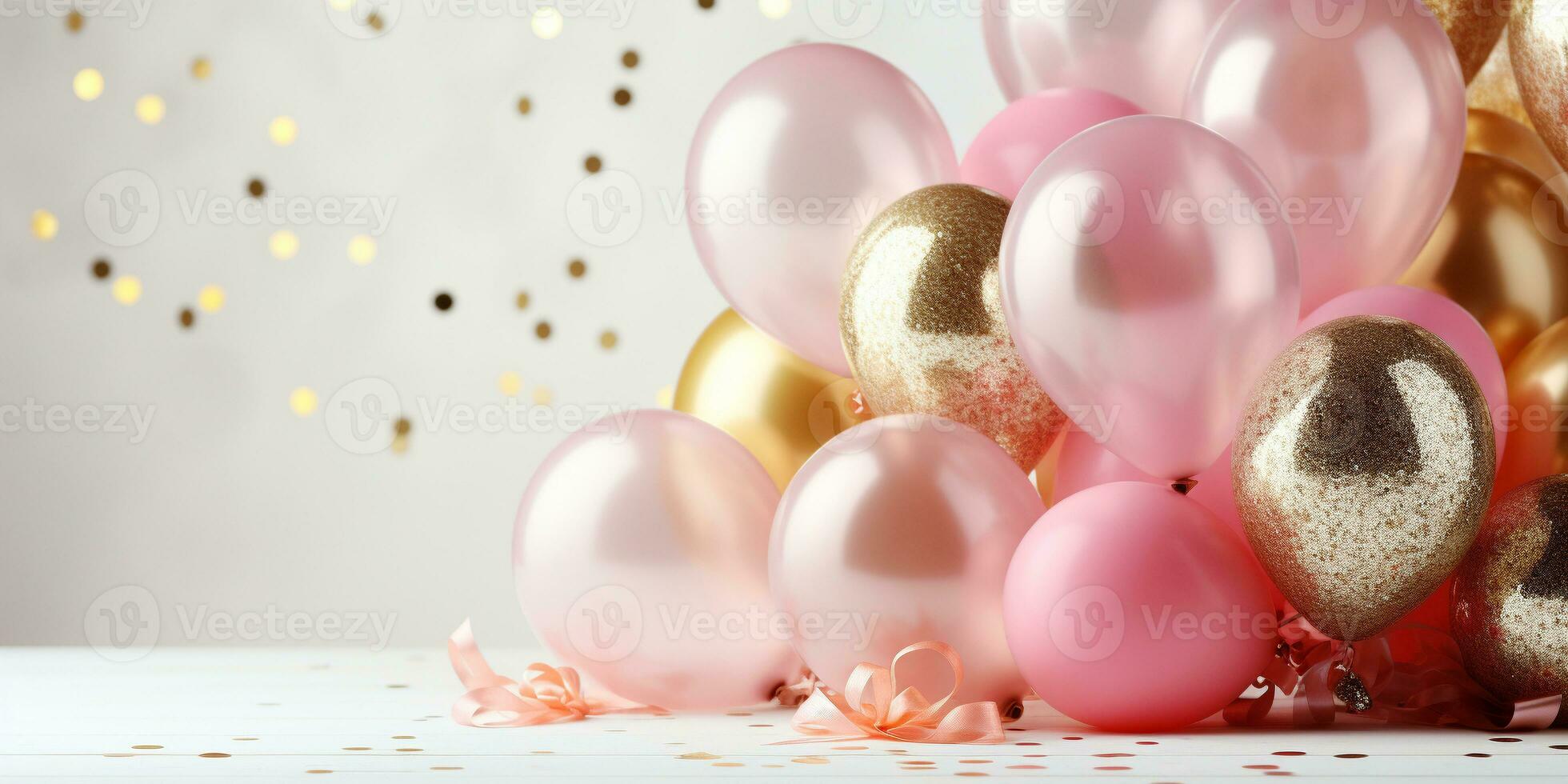 ai gegenereerd verjaardag partij banier roze en goud samenstelling met ballonnen, confetti, concept cadeaukaart, kopiëren ruimte, wit achtergrond foto