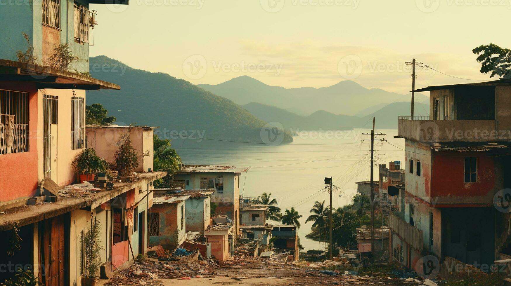 ai gegenereerd generatief ai, braziliaans favelas gemeenschap, panoramisch visie met veel huizen, stedelijk stad- arm huis gebouwen foto