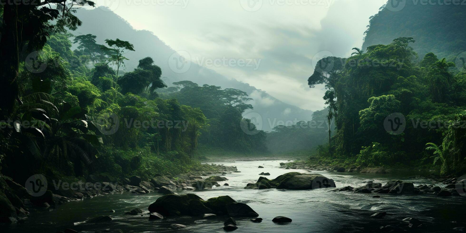 ai gegenereerd generatief ai, amazone oerwoud mistig landschap, tropisch regenwoud met palm bomen foto