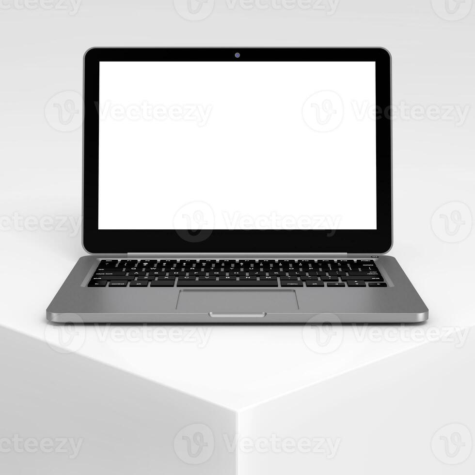 modern laptop computer notitieboekje met blanco scherm voor uw ontwerp Aan een wit Product presentatie podium kubus. 3d renderen foto