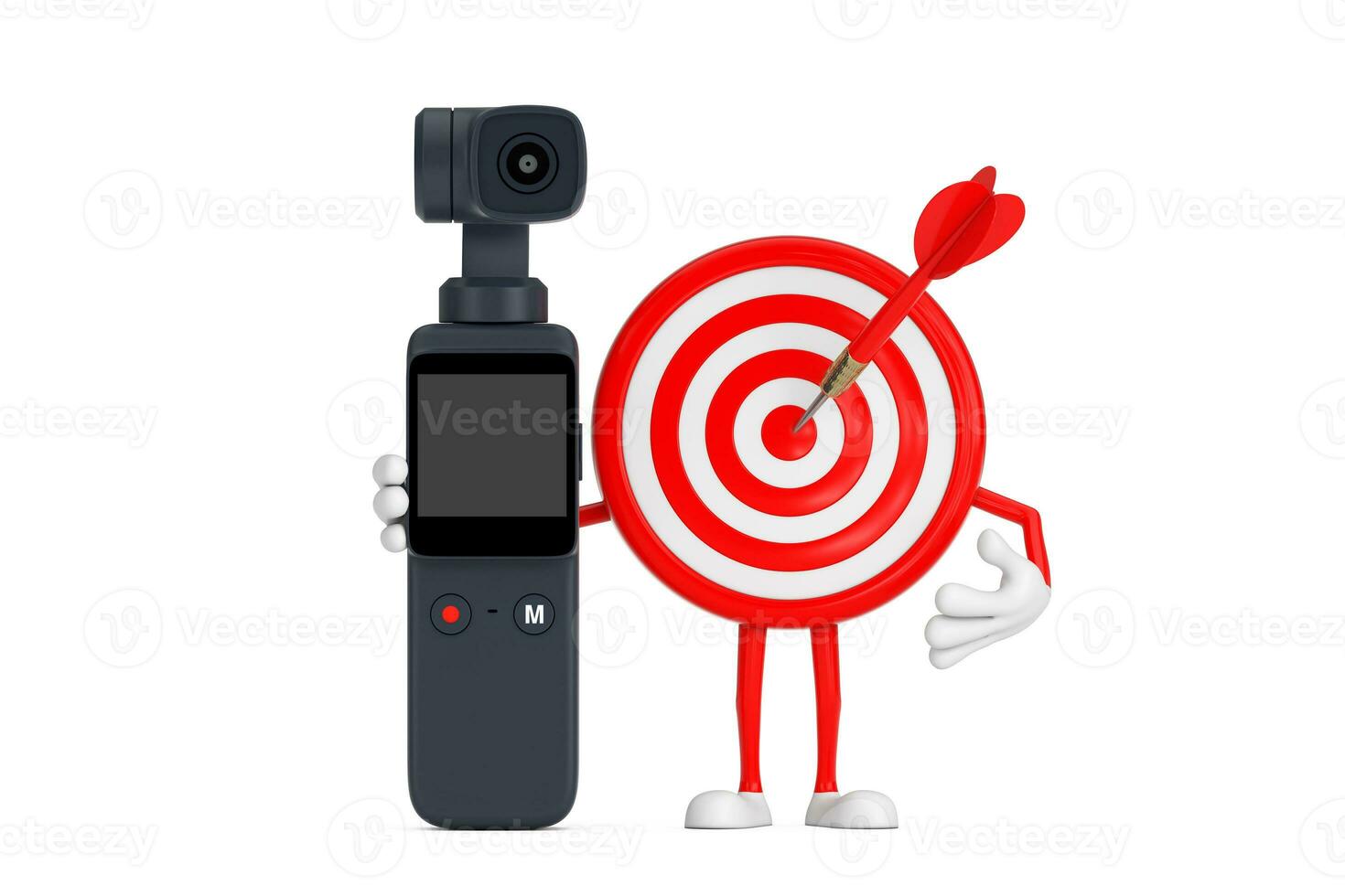 boogschieten doelwit en pijl in centrum tekenfilm persoon karakter mascotte met zak- gimbal actie camera. 3d renderen foto