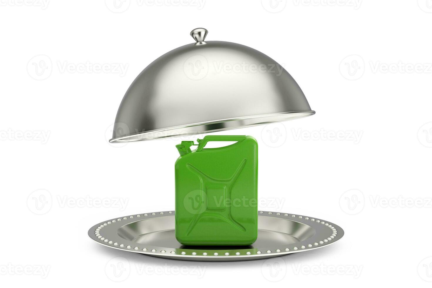 zilver restaurant cloche met groen metaal jerrycan . 3d renderen foto