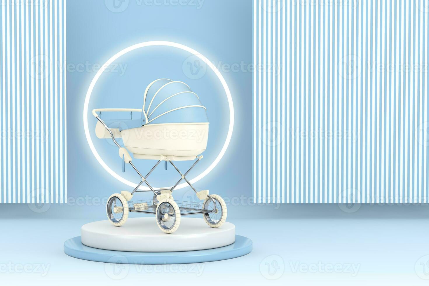 modern blauw baby koets, wandelwagen, kinderwagen Aan top van Product presentatie stadium of voetstuk. 3d renderen foto