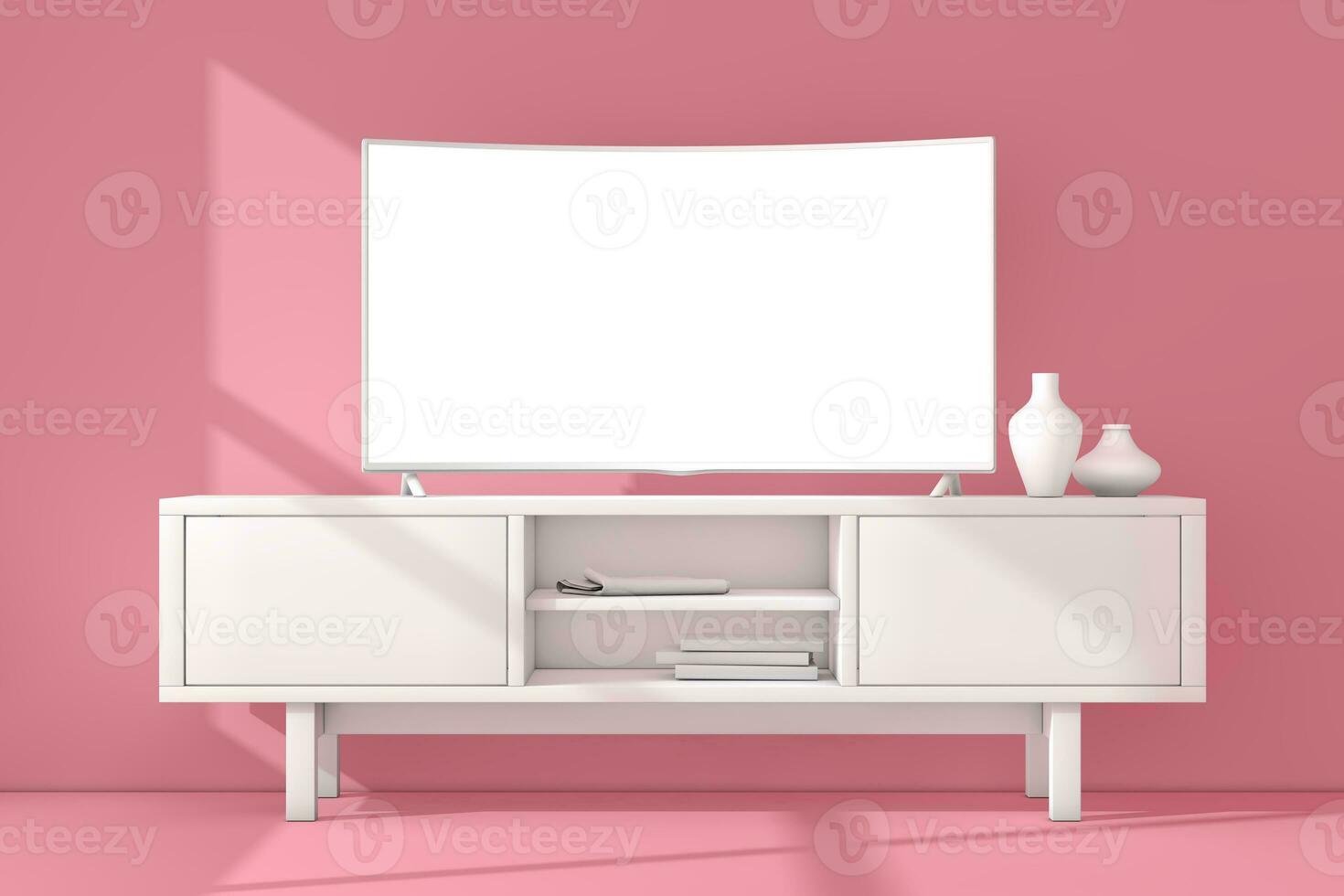 wit modern gebogen LED of lcd slim TV scherm mockup bovenstaand wit troosten rek in klei stijl. 3d renderen foto