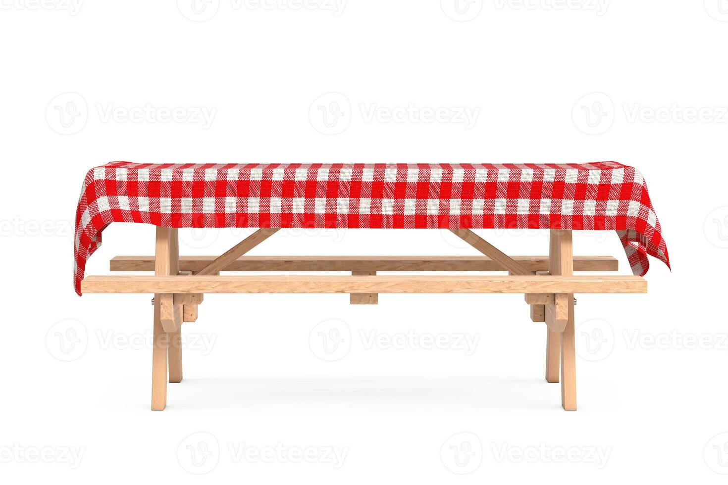 houten picknick tafel met banken en rood plaid tafelkleed. 3d renderen foto