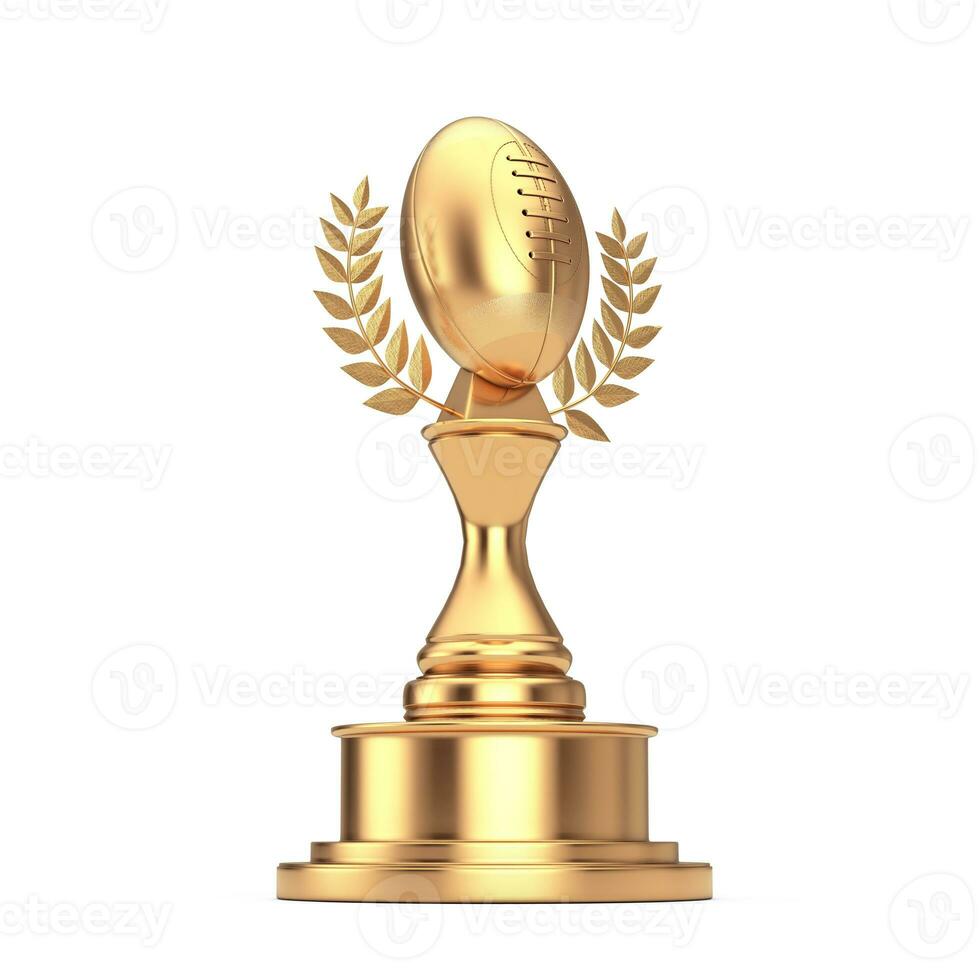 gouden prijs trofee met gouden klassiek oud rugby bal en laurier lauwerkrans. 3d renderen foto