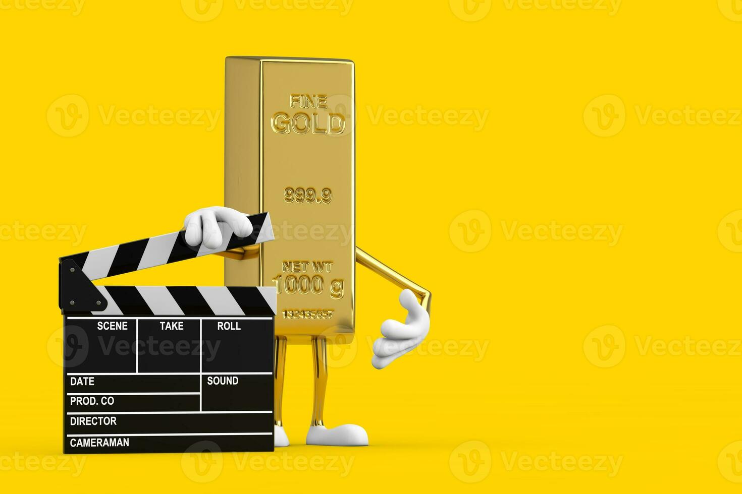 gouden bar tekenfilm persoon karakter mascotte met film klepel bord. 3d renderen foto