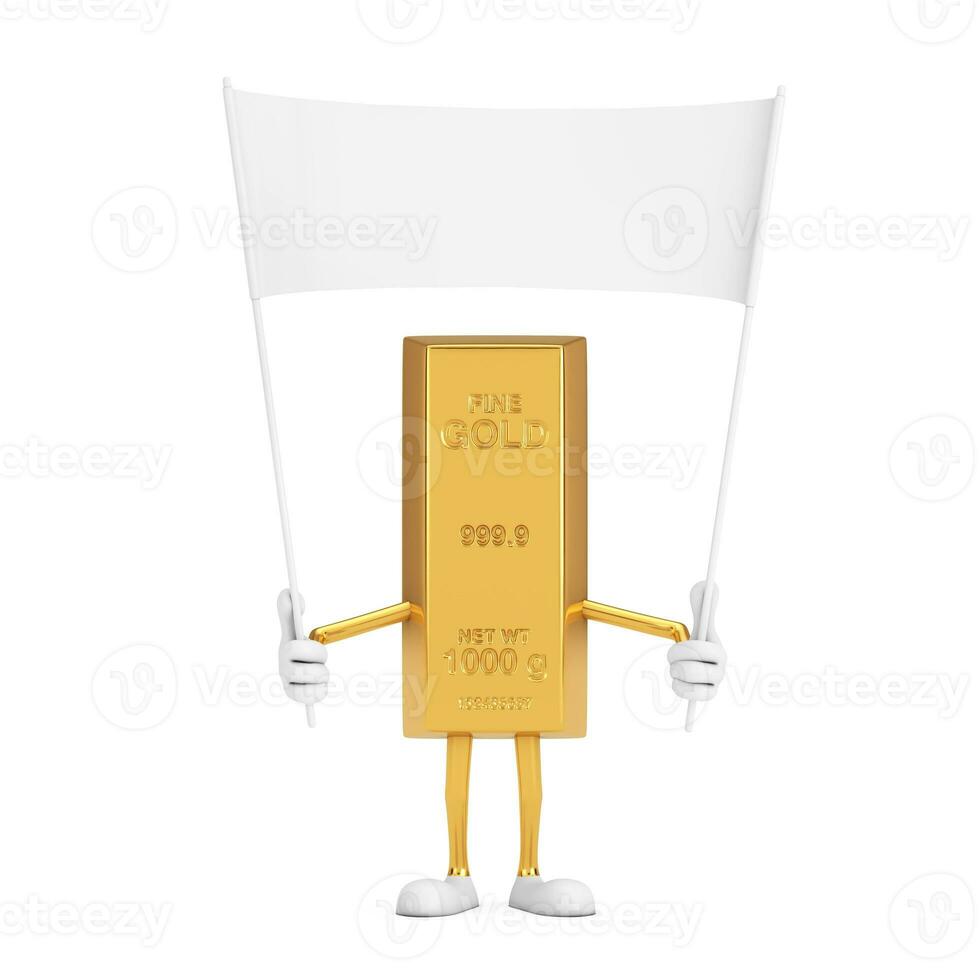 gouden bar tekenfilm persoon karakter mascotte en leeg wit blanco banier met vrij ruimte voor uw ontwerp. 3d renderen foto