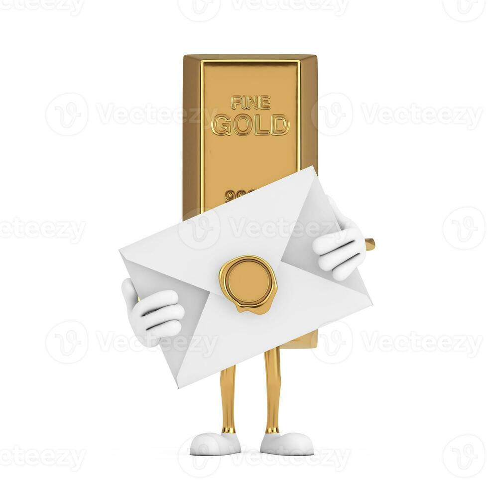 gouden bar tekenfilm persoon karakter mascotte met wit blanco envelop. 3d renderen foto