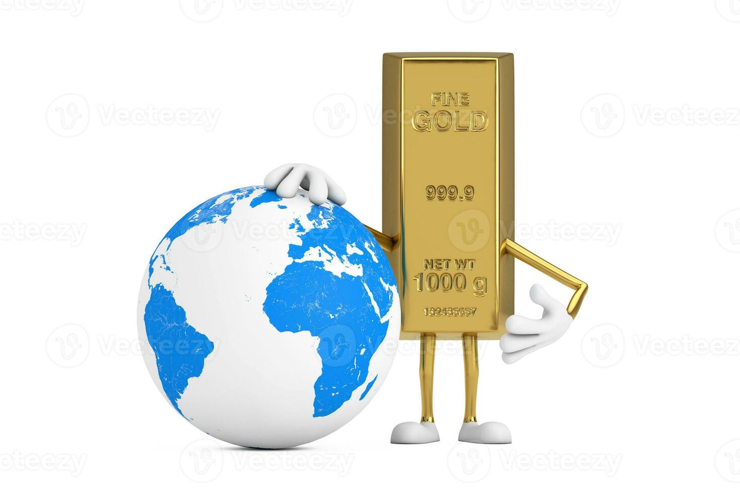 gouden bar tekenfilm persoon karakter mascotte met aarde wereldbol. 3d renderen foto