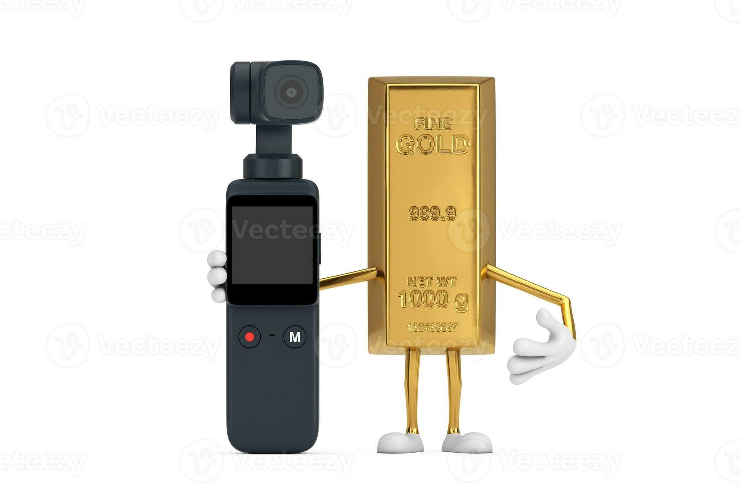 gouden bar tekenfilm persoon karakter mascotte met zak- gimbal actie camera. 3d renderen foto