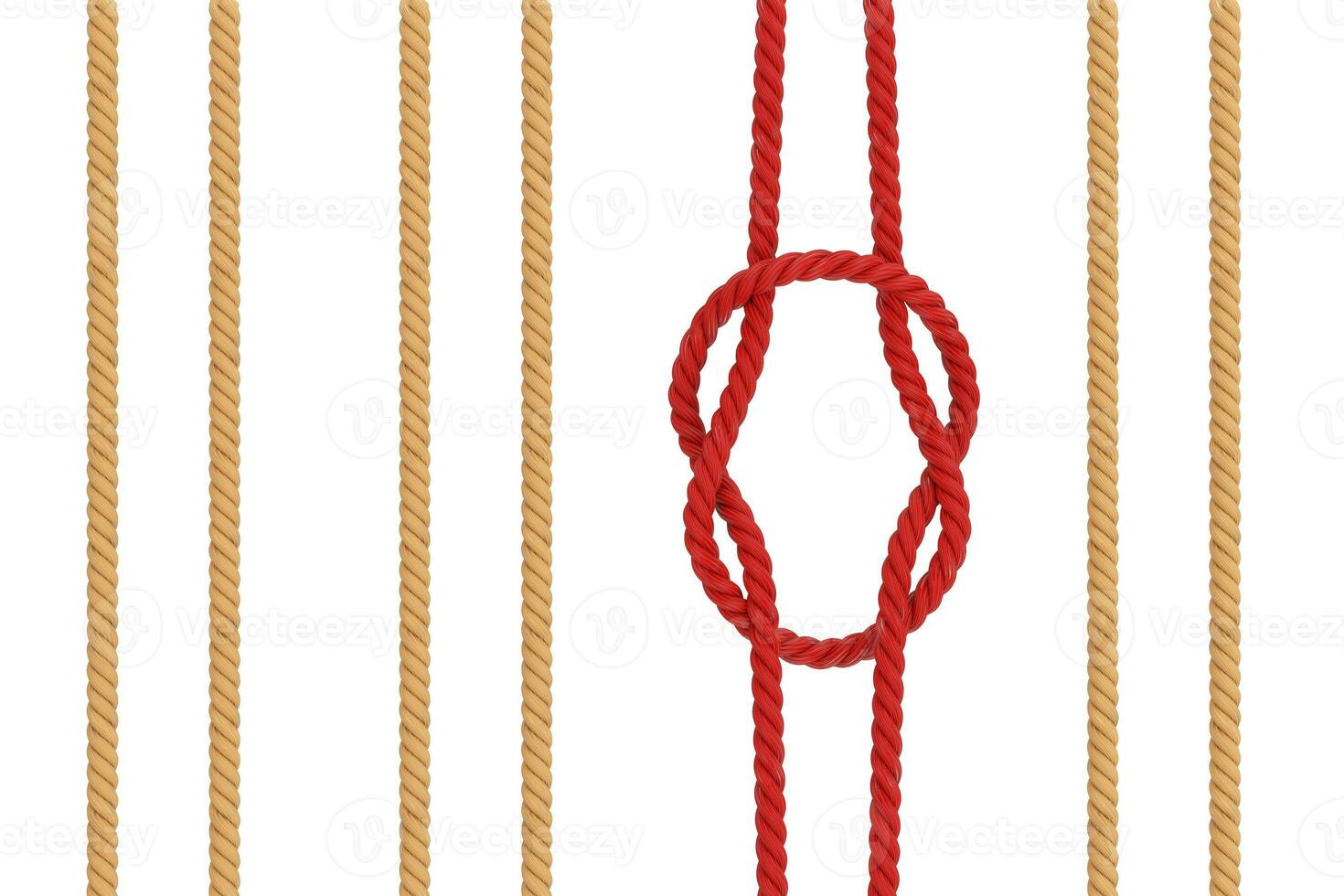 rij van touw en een rood touw met rif plein knoop. 3d renderen foto