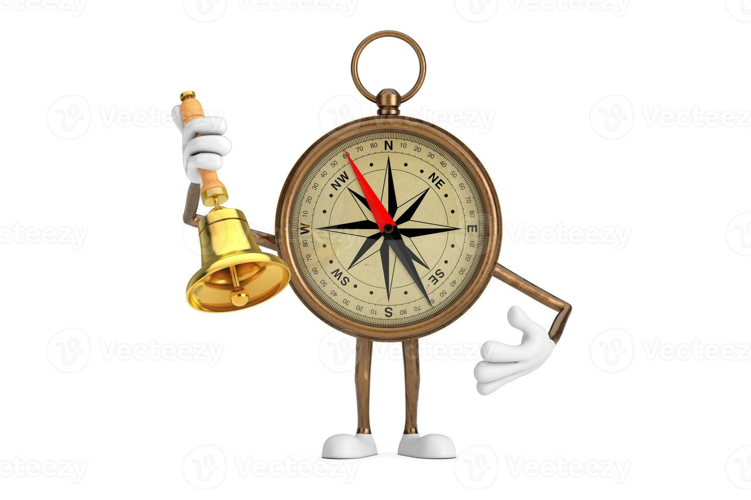 antiek wijnoogst messing kompas tekenfilm persoon karakter mascotte met wijnoogst gouden school- klok. 3d renderen foto